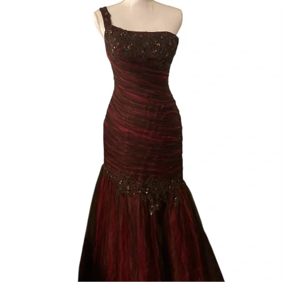 Y2K Alyce Prom Pink Brown Beaded Mermaid Prom Dress Maxi Gown Fairy Size 6